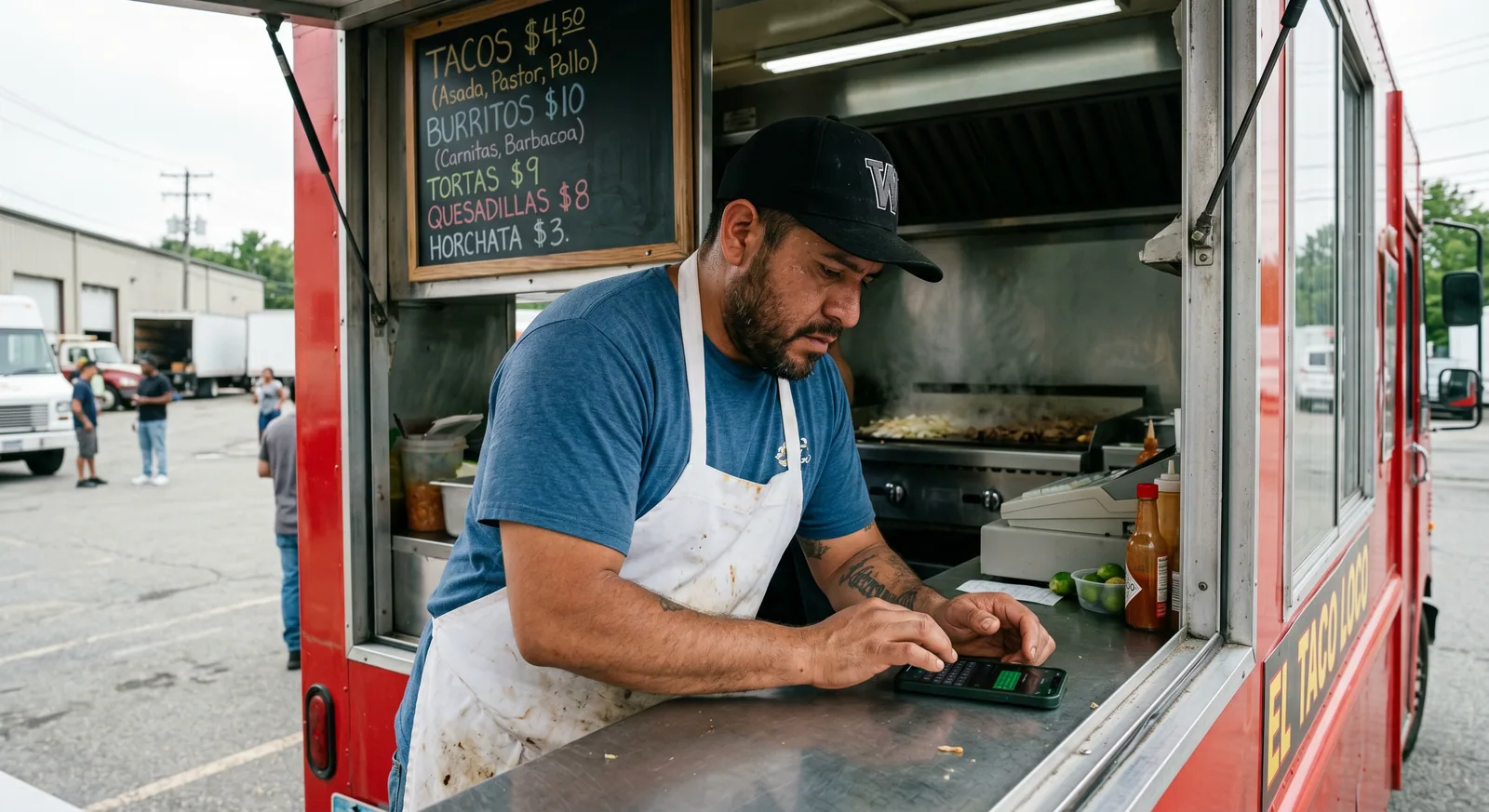 Dono de food truck atendendo cliente, anotando pedido no celular