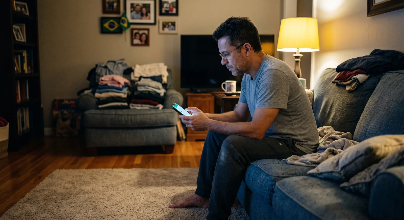 Empresário em casa de noite, segurando o celular com o WhatsApp aberto